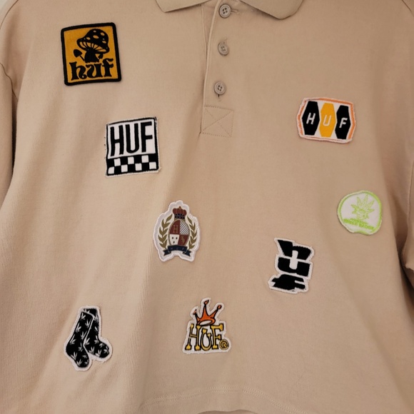 HUF Patches Polo Tee Women’s Size Small Stone Long Sleeve T-Shirt Cropped Skater - Picture 4 of 7